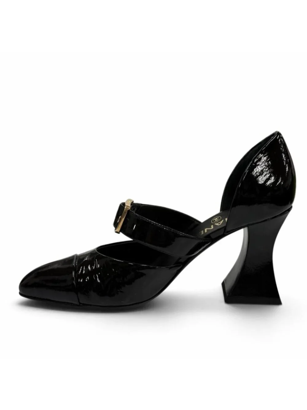 Chanel CC Logo Belt Design Pointed Toe Patent Leather Pumps Black Heel